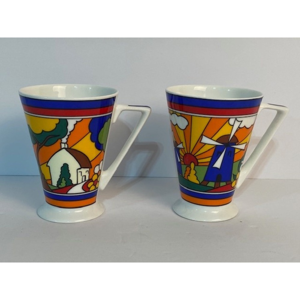 Past Times Deco Fine Bone China Mugs Windmill Cottage Oxford England Set of 2